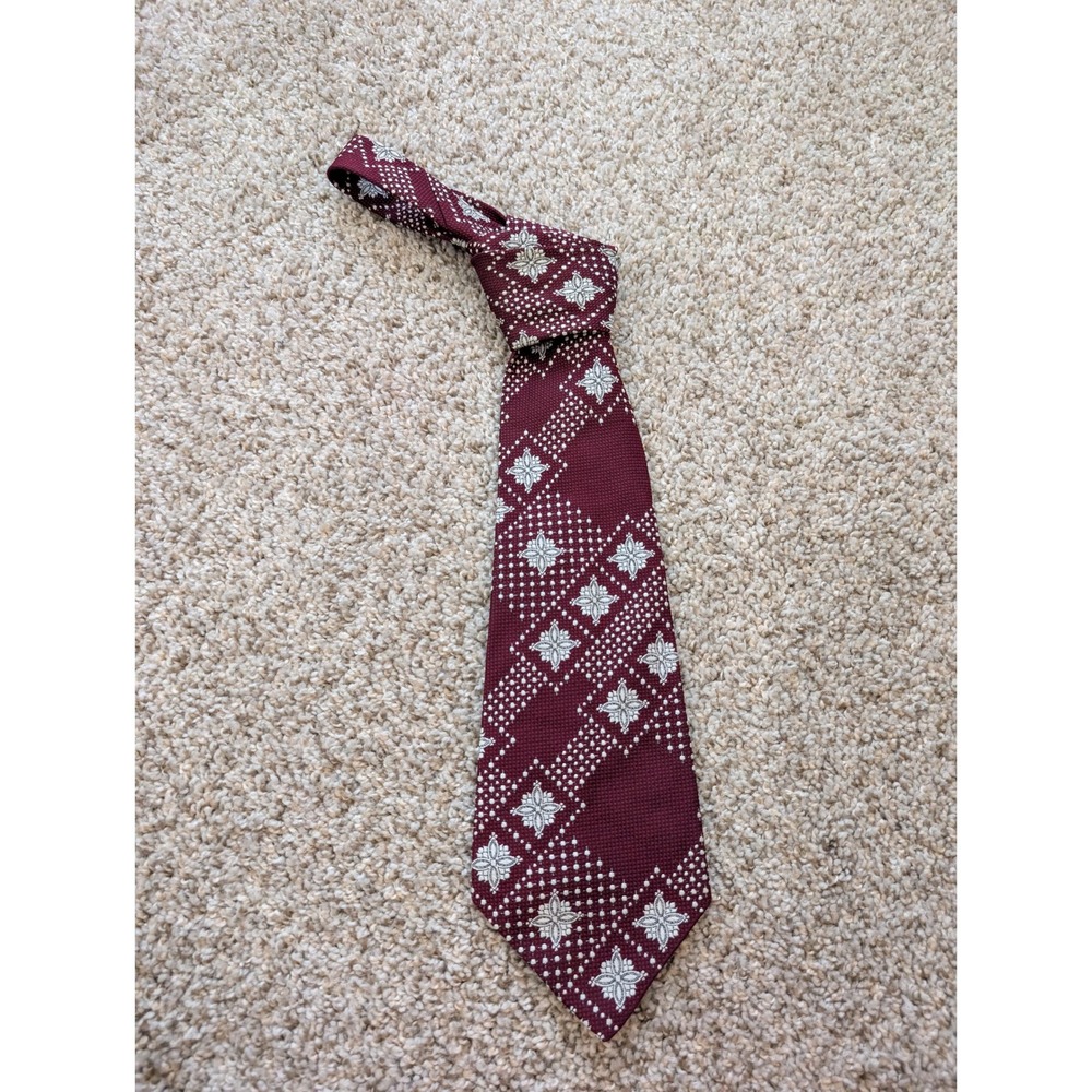 Webster Mens Wear Vintage Burgundy Floral Geometric Polka Dot Polyester Necktie